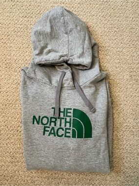 Mens XL North Face Grey Hoodie Sweatshirt with Green Trim